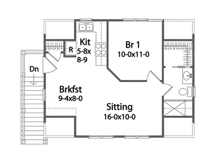 2 Car Garage Apartment Plan 49036 with 1 Beds, 1 Baths Second Level Plan
