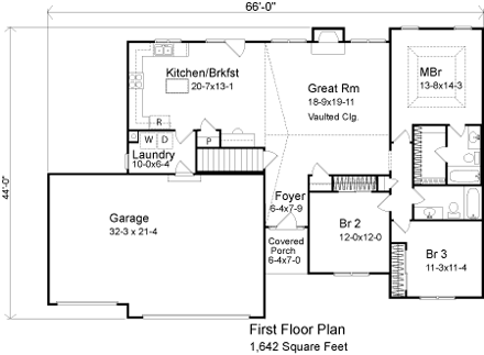 Ranch House Plan 49060 with 3 Beds, 2 Baths, 3 Car Garage First Level Plan