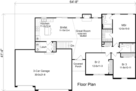 Ranch House Plan 49076 with 3 Beds, 2 Baths, 3 Car Garage First Level Plan
