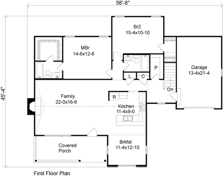 One-Story House Plan 49095 with 2 Beds, 2 Baths, 1 Car Garage First Level Plan