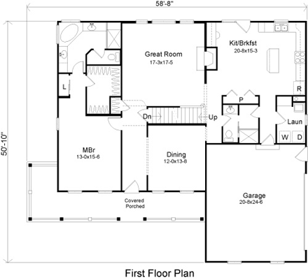House Plan 49102 with 4 Beds, 4 Baths, 2 Car Garage First Level Plan