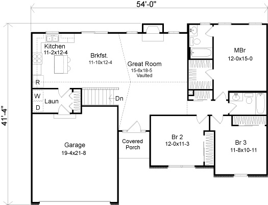 House Plan 49109 - One-Story Style with 1418 Sq Ft, 3 Bed, 2 Bath