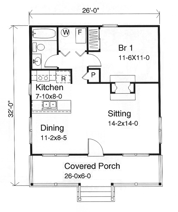 Country, Narrow Lot, One-Story House Plan 49119 with 1 Beds, 1 Baths Level One