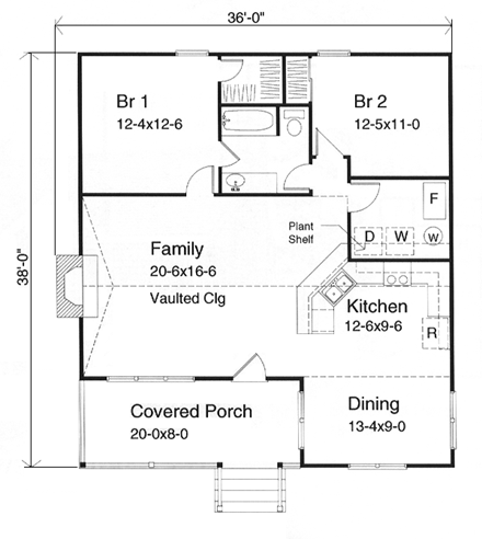 Country, Ranch House Plan 49122 with 2 Beds, 1 Baths First Level Plan