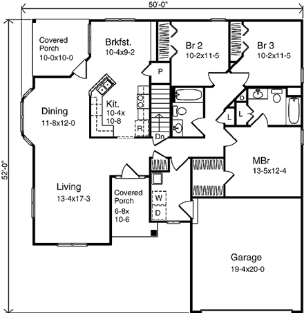One-Story, Ranch House Plan 49134 with 3 Beds, 2 Baths, 2 Car Garage First Level Plan