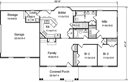 One-Story, Ranch House Plan 49135 with 3 Beds, 2 Baths, 2 Car Garage First Level Plan