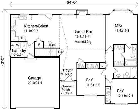 Ranch House Plan 49137 with 3 Beds, 2 Baths, 2 Car Garage First Level Plan