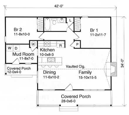Country House Plan 49151 with 2 Beds, 1 Baths First Level Plan