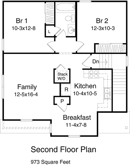 Narrow Lot 3 Car Garage Apartment Plan 49154 with 2 Beds, 1 Baths Second Level Plan