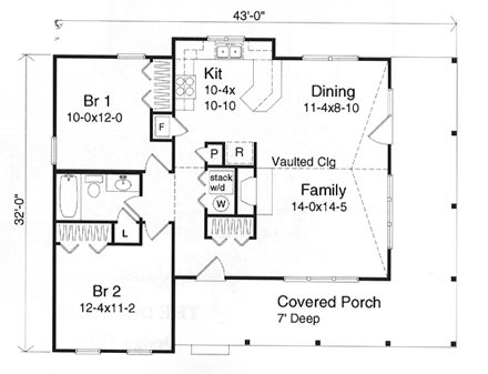 Country, One-Story House Plan 49156 with 2 Beds, 1 Baths First Level Plan