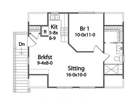 2 Car Garage Apartment Plan 49187 with 1 Beds, 1 Baths Second Level Plan