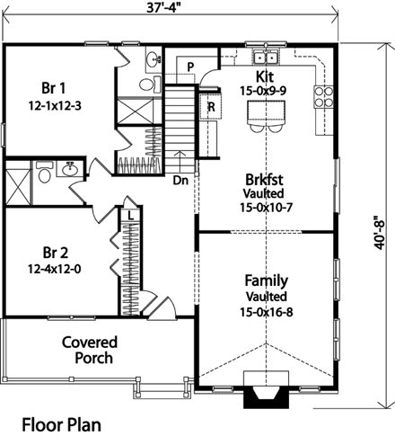 Country, Narrow Lot, One-Story, Ranch House Plan 49193 with 2 Beds, 2 Baths First Level Plan