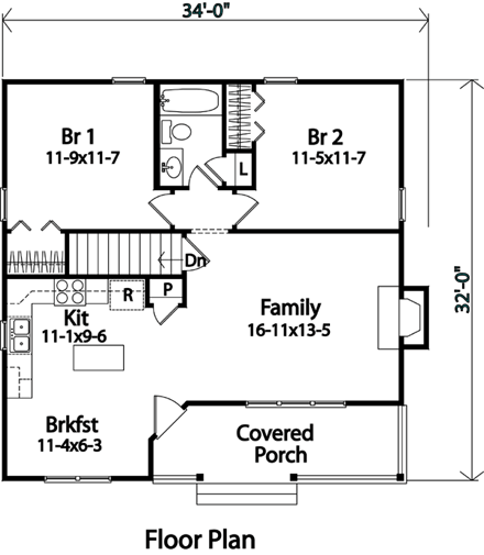 Narrow Lot, One-Story, Ranch House Plan 49195 with 2 Beds, 1 Baths First Level Plan