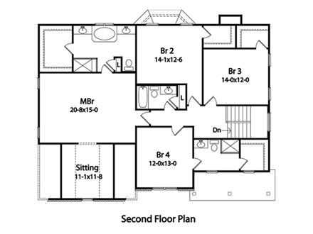 Traditional House Plan 49197 with 4 Beds, 4 Baths, 2 Car Garage Second Level Plan