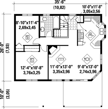 Contemporary House Plan 49305 with 2 Beds, 1 Baths First Level Plan