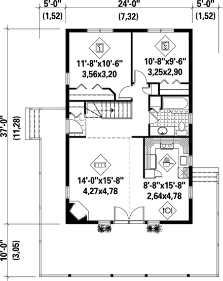 Narrow Lot, One-Story House Plan 49308 with 2 Beds, 1 Baths First Level Plan