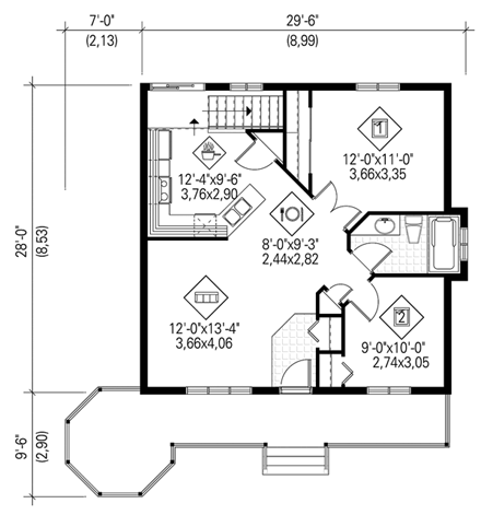 Southern House Plan 49492 with 2 Beds, 1 Baths First Level Plan