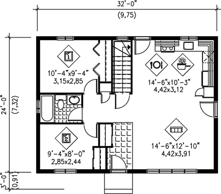 Narrow Lot, One-Story, Ranch House Plan 49495 with 2 Beds, 1 Baths First Level Plan