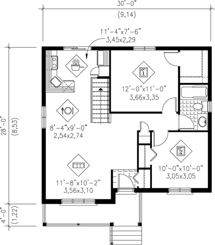 Craftsman House Plan 49504 with 2 Beds, 1 Baths First Level Plan