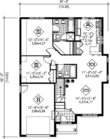 European House Plan 49560 with 2 Beds, 2 Baths, 1 Car Garage First Level Plan