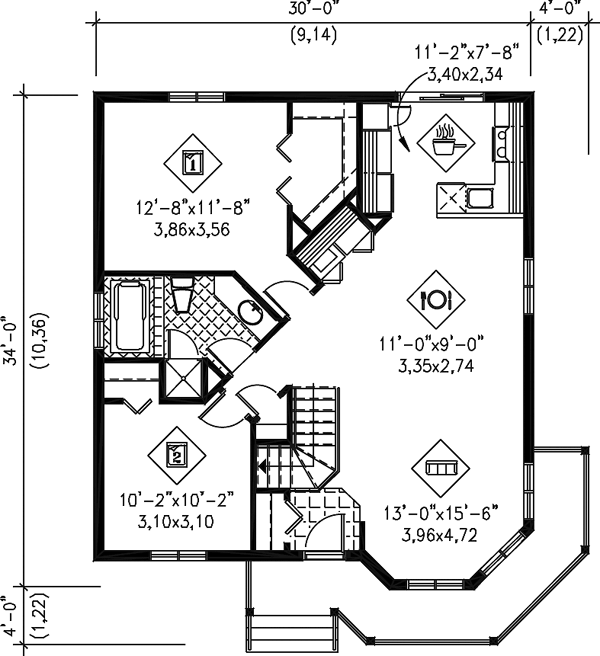 Victorian House Plan 49571 with 2 Beds, 1 Baths Level One