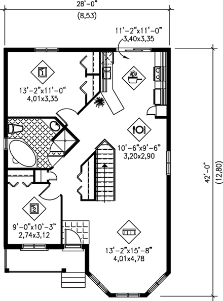 Bungalow, Narrow Lot, One-Story House Plan 49590 with 2 Beds, 1 Baths First Level Plan