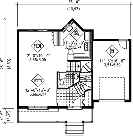 Country, Narrow Lot House Plan 49629 with 3 Beds, 2 Baths, 1 Car Garage First Level Plan