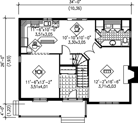 Country, Narrow Lot House Plan 49719 with 3 Beds, 3 Baths First Level Plan