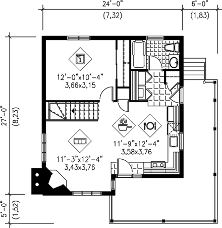 Country House Plan 49824 with 1 Beds, 1 Baths First Level Plan
