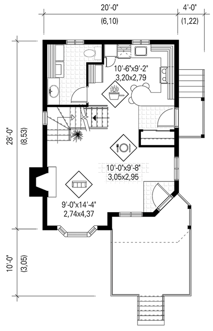 Craftsman, Narrow Lot House Plan 49836 with 2 Beds, 2 Baths First Level Plan