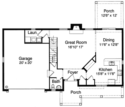 Bungalow, Country House Plan 50006 with 4 Beds, 3 Baths, 2 Car Garage First Level Plan