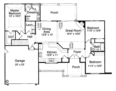 Bungalow, Country, One-Story House Plan 50021 with 3 Beds, 2 Baths First Level Plan