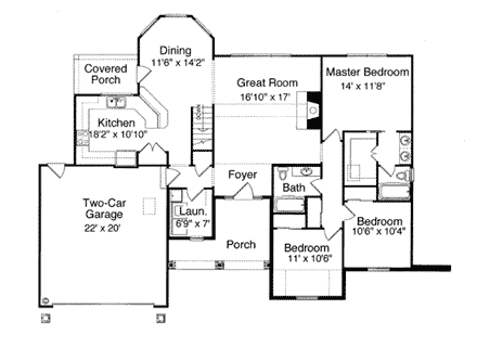 Bungalow, Traditional House Plan 50038 with 3 Beds, 2 Baths, 2 Car Garage First Level Plan