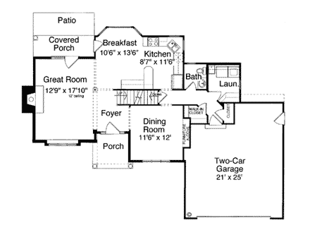 Bungalow, Traditional House Plan 50040 with 3 Beds, 3 Baths, 2 Car Garage First Level Plan
