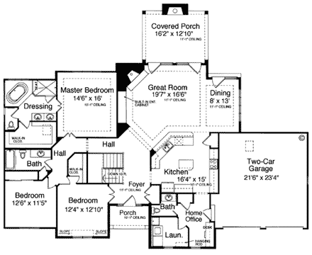 Bungalow, Traditional House Plan 50054 with 3 Beds, 3 Baths, 2 Car Garage First Level Plan