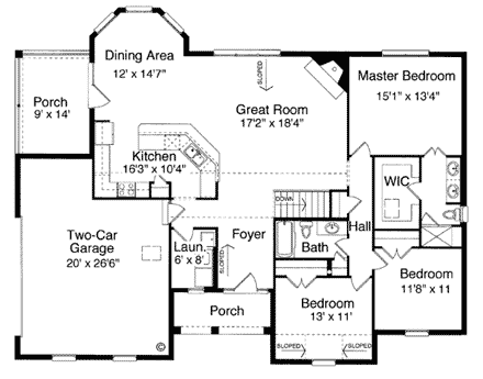 Bungalow, Tudor House Plan 50059 with 3 Beds, 2 Baths, 2 Car Garage First Level Plan