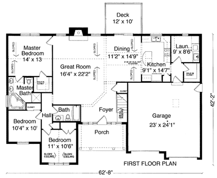 Ranch House Plan 50104 with 3 Beds, 2 Baths, 2 Car Garage First Level Plan