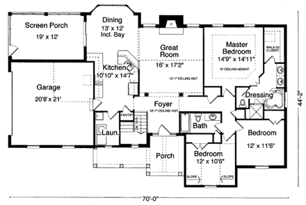 Country, One-Story, Southern House Plan 50105 with 3 Beds, 2 Baths, 2 Car Garage First Level Plan