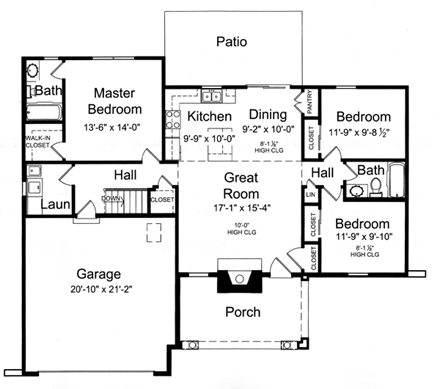 House Plan 50142 with 3 Beds, 2 Baths, 2 Car Garage First Level Plan