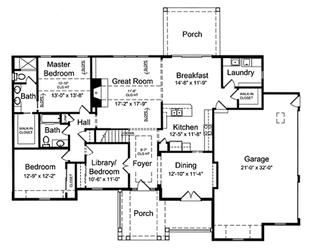 Craftsman House Plan 50160 with 3 Beds, 2.5 Baths, 3 Car Garage First Level Plan