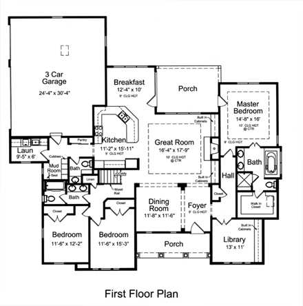 Craftsman, Ranch House Plan 50171 with 3 Beds, 3 Baths, 3 Car Garage First Level Plan