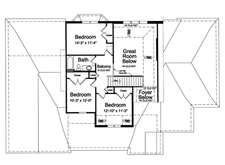 European House Plan 50173 with 4 Beds, 3 Baths, 3 Car Garage Second Level Plan