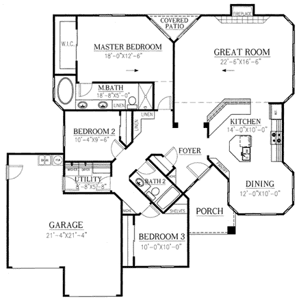 Ranch House Plan 50201 with 3 Beds, 2 Baths, 2 Car Garage First Level Plan