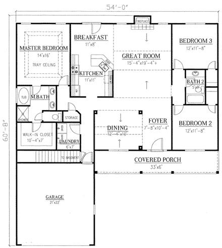 Ranch House Plan 50206 with 3 Beds, 2 Baths, 2 Car Garage First Level Plan