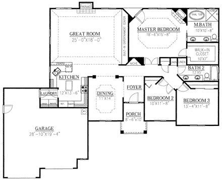 Ranch House Plan 50210 with 3 Beds, 2 Baths, 2 Car Garage First Level Plan