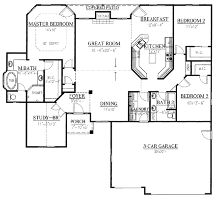 Mediterranean House Plan 50213 with 3 Beds, 2 Baths, 3 Car Garage First Level Plan