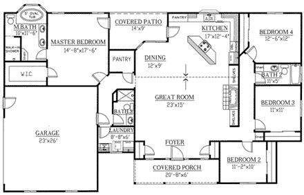 Ranch House Plan 50220 with 4 Beds, 3 Baths, 2 Car Garage First Level Plan