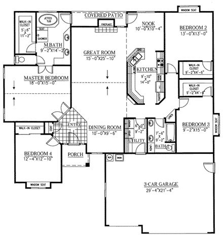 Ranch House Plan 50221 with 4 Beds, 2 Baths, 3 Car Garage First Level Plan