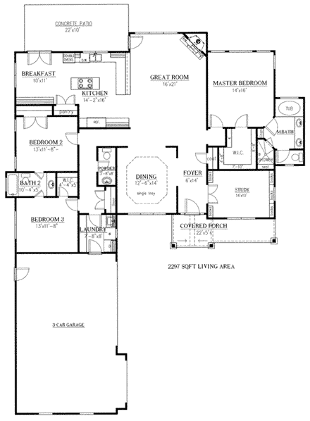 Craftsman House Plan 50223 with 3 Beds, 3 Baths, 3 Car Garage First Level Plan