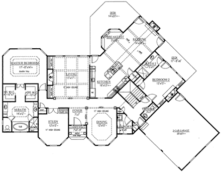European House Plan 50239 with 4 Beds, 4 Baths, 2 Car Garage First Level Plan